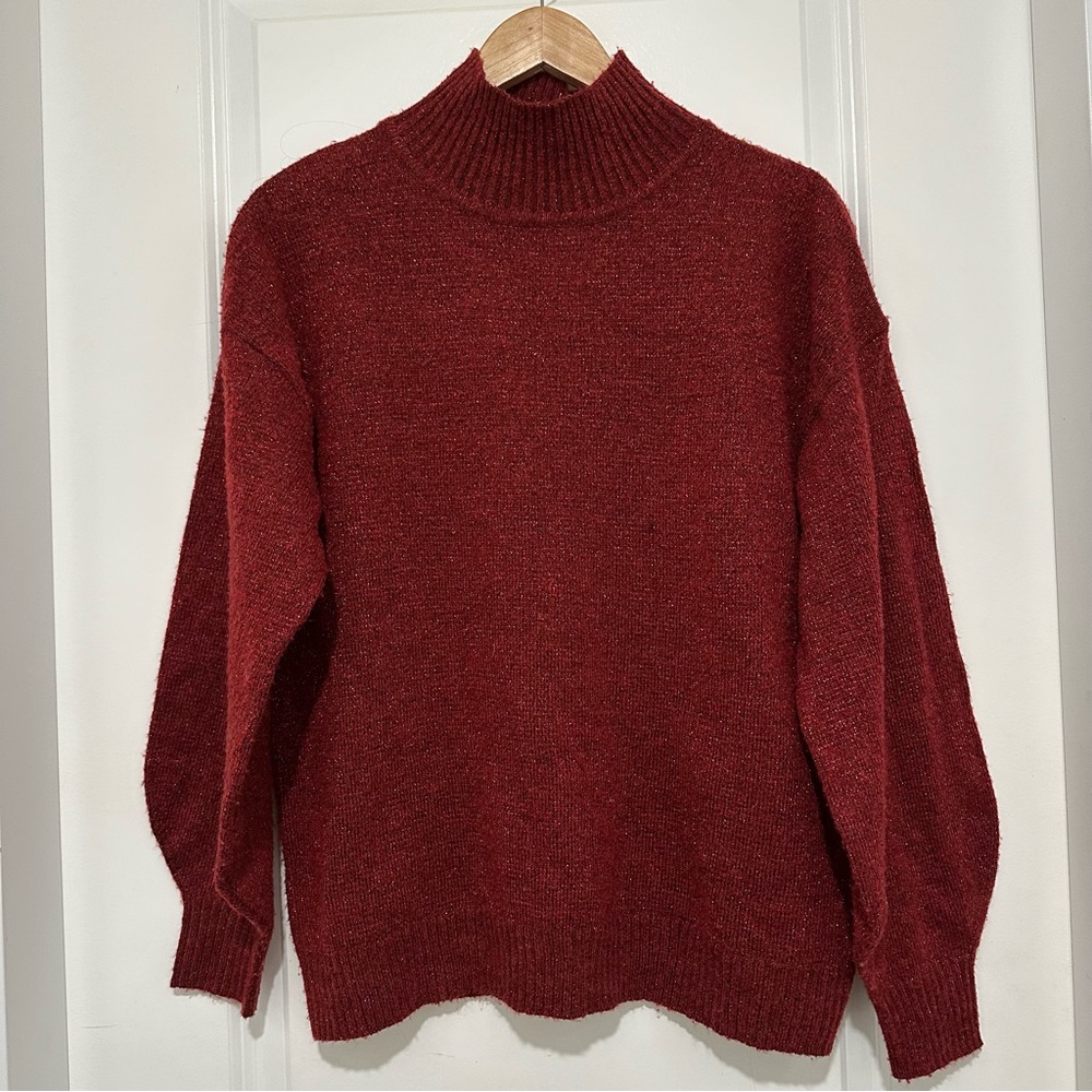 Maroon Knit Sweater With Metallic Detail Balloon Sleeve Mock Neck